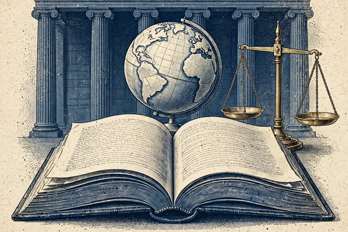 Open book, globe, balance scale, and classical columns